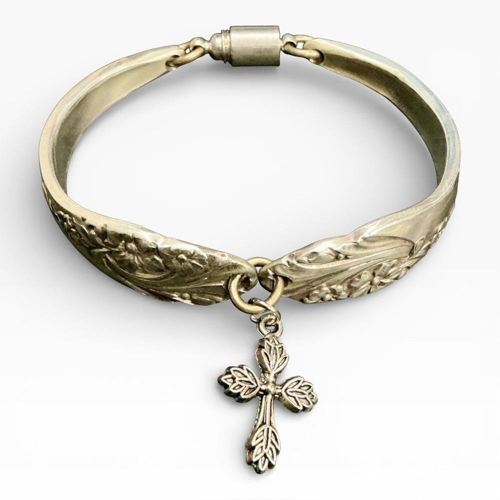 Evening Star 1950 Vintage Silverplate Flatware Spoon Bracelet Cross Charm